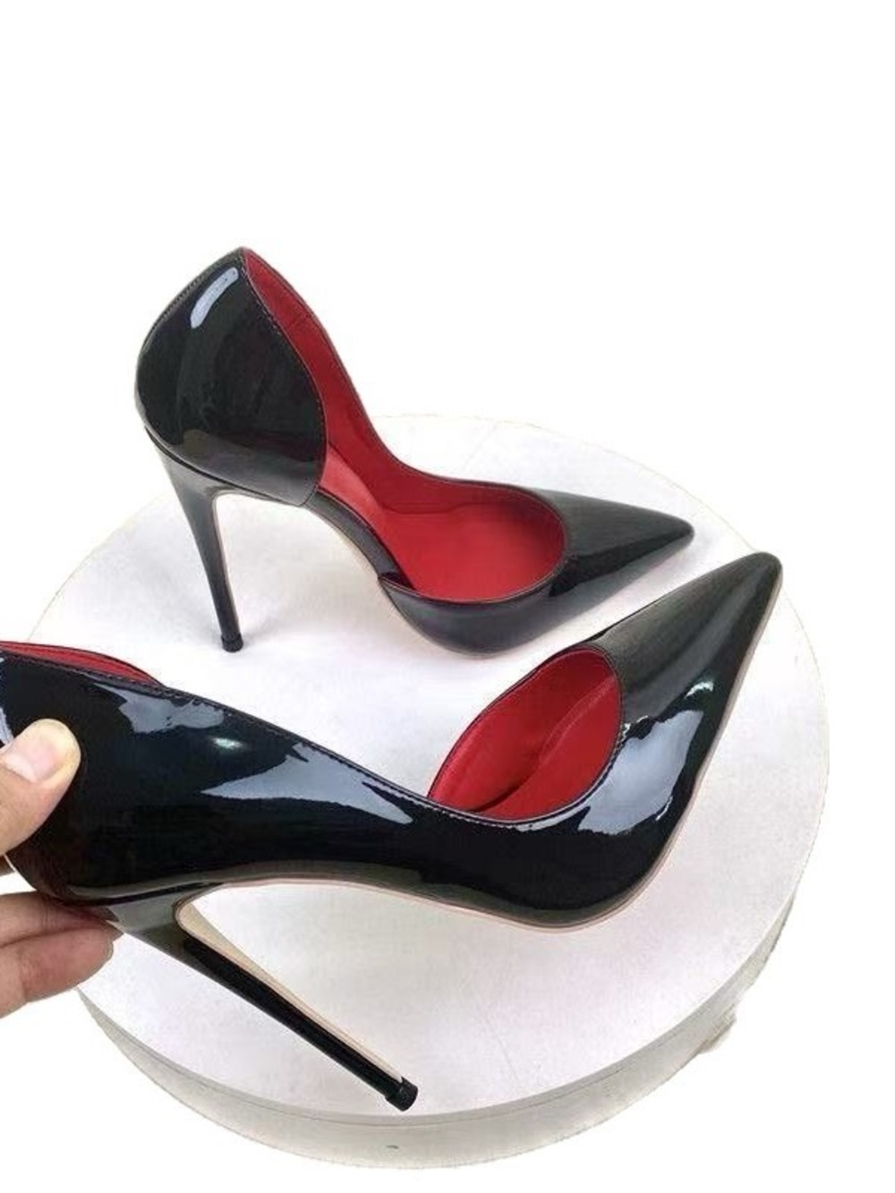 Black Patent Pointed-Toe Stiletto Pump with Red Interior